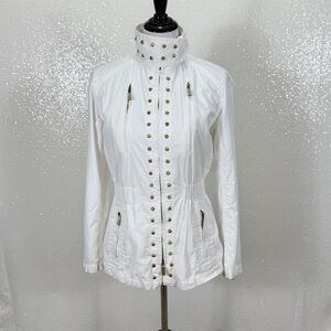 Michael Kors White Military Jacket XS Studded Utility Zip Front Cinched Waist